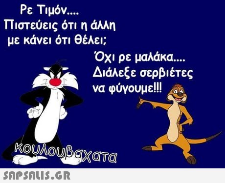 Ρε Τιμόν Πιστεύεις ότι η άλλη με κάνει ότι θέλει; Οχι ρε μαλάκα Διάλεξε σερβιέτες να φύγουμε!!! AS 