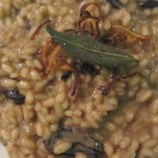 Balsamic Risotto with Prima Black Raisins, Crispy Shallots and Sage