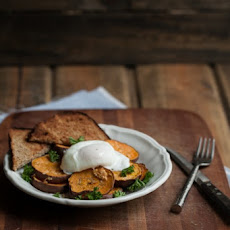 Roasted Garlic Sweet Potatoes with a Poached Egg