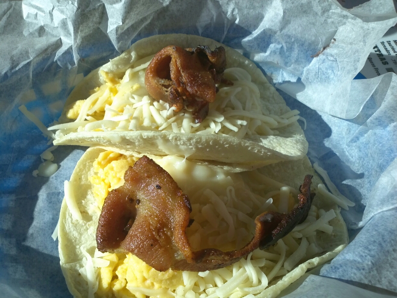 Bacon, egg, potato, and cheese tacos