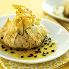 Guava and Manchego Phyllo Pouches with Passion Fruit Syrup