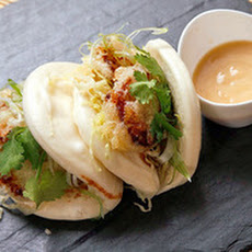 Steamed Buns with Tempura King Oyster Mushrooms and Agave-Miso Mayonnaise (Vegan)