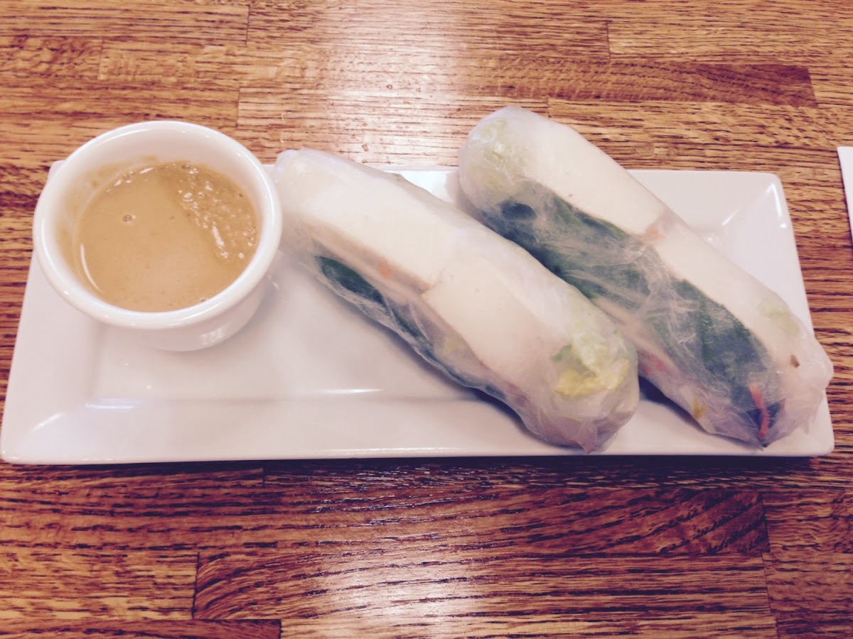 Spring Rolls with Tofu and Peanut Dipping Sauce. (Rice wrappers with veggies and tofu). Generous por