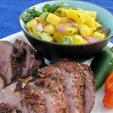 V's Grilled Jerk Pork Tenderloin and Pineapple Mango-Kiwi Salsa