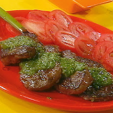 Flat Iron Steaks with Great Green Sauce and Nutty 