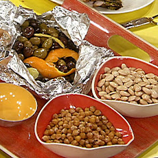 Spanish Nibbles: Hot Olives with Citrus and Spice, Marcona Almonds, Paprika Toasted Chick Peas