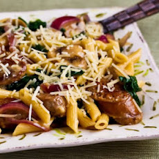 Penne Pasta with Spicy Italian Sausage, Mushrooms, and Spinach