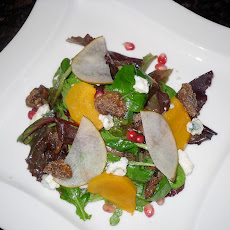 Poached Persimmon, Asian Pear, Pomegranate Salad with Blue Cheese and Spiced Candied Walnuts