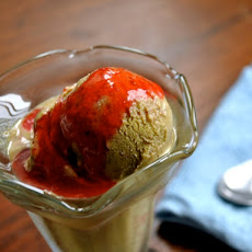 Scooped: Pistachio Gelato with Strawberry Sauce