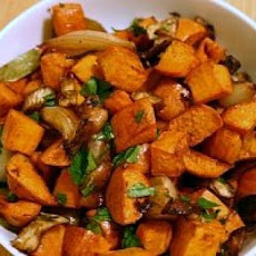 Roasted Sweet Potatoes with Mushrooms and Shallots