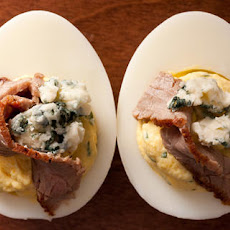 Horseradish Deviled Eggs with Seared Steak and Blue Cheese Recipe
