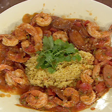 Shrimp, Chorizo and Chipotle Gravy over Mexican Rice