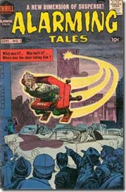 Alarming Tales #1 by Jack Kirby cover shows terrified man zooming across Manhattan in a rocket powered chair