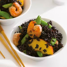 Black Forbidden Rice with Shrimp, Peaches, and Snap Peas