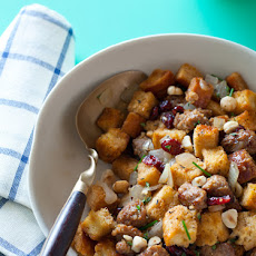 Sausage and Sage Stuffing with Dried Cranberries and Toasted Hazelnuts