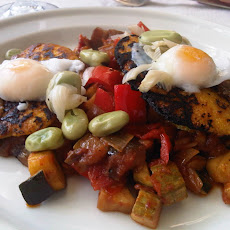 Ratatouille with corn galettes, anchovy and poached quail eggs