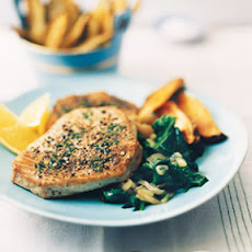 Pepper-Crusted Tuna with Oven Fries and Lemon Spinach