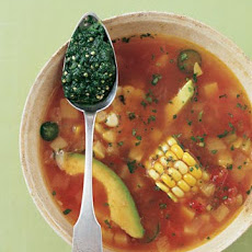 Mexican Fiesta Soup with Roasted Tomatillo and Cilantro Pesto