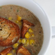 Chanterelle and Leek Soup with Roasted Corn