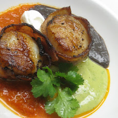 Bacon wrapped scallops with trifecta of Tex-Mex purees