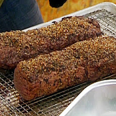 Roasted Beef Tenderloin with Roasted Pepper and Black Olive sauce