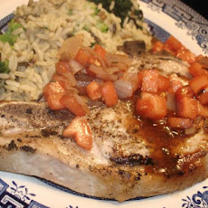 Pork Chops With Roasted Shallot, Tomato, and Rosemary Relish