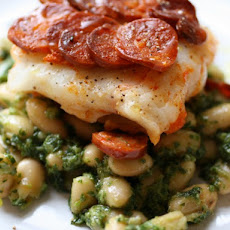 Chorizo Crusted Cod and Beans with Arugula Pesto
