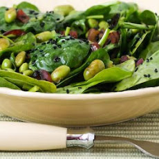 Wilted Spinach Salad with Edamame, Red Onion, and Black Sesame Seeds