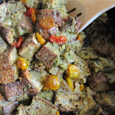 Slow Roasted Cherry Tomato and Garlic Feta Pesto Panade