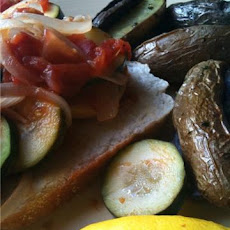 Spicy Zucchini Sauté over Garlic Bread with Roasted Lemon-Thyme Potatoes