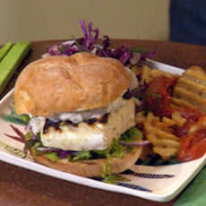 Grilled Fish Sammies with Garlic Tartar Sauce and Baked Waffle Fries with Spicy Bloody Ketchup and a Slaw Salad