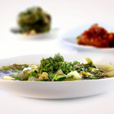 Peas and Potato Soup with Tarragon Pesto