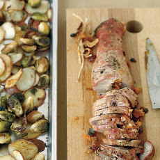 Apricot-Stuffed Pork with Potatoes and Brussels Sprouts