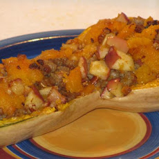 Baked Butternut Squash Stuffed With Apples and Sausage