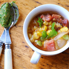 Succotash Minestrone with Mustard Green and Miso Pesto