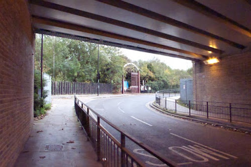 <p>
	entrance to Camley St Park viewed from under the St Pancras train flyover</p>
