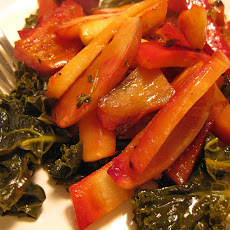Roasted Roots and Tubers over Lemony Braised Kale