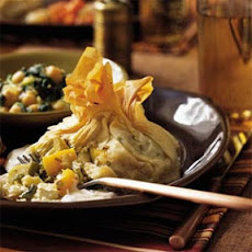 Phyllo Purses with Roasted Squash, Peppers, and Artichokes