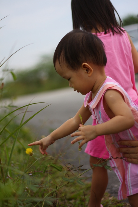 Zaria patting flowers