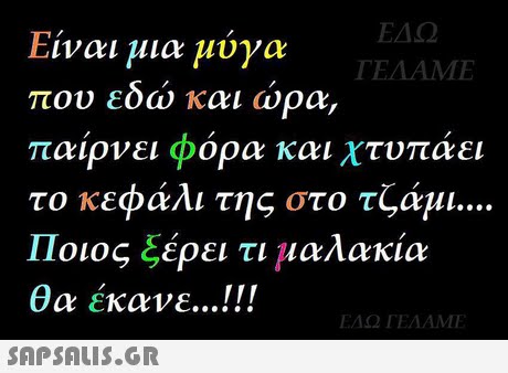 ΕΔΩ ΓΕΛΑΜΕ Είναι μια μύγα που εδώ και ωρα, παίρνει φόρα και χτυπάει το κεφάλι της στο τζάμι. Ποιος ξέρει τι μαλακία θα έκανε ! ΕΔΩ ΓΕΛΑΜΠ 