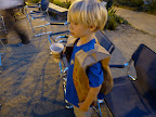 Campbell made a Jaguar-themed vest out of a grocery sack. That's hot chocolate.