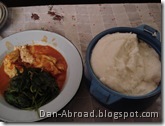 Egg relish, potatoe leaves and nsima