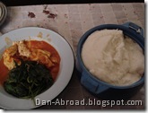 Egg relish, potatoe leaves and nsima Egg relish, potatoe leaves and nsima