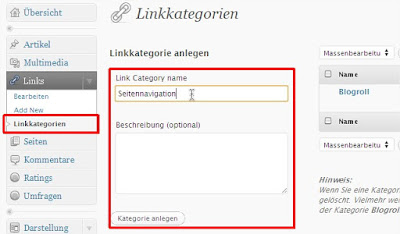 Screenshot WordPress Administration Linkkategorien Lege eine neue Kategorie für die Seitennavigation an (Klicke zum Vergrößern)