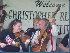 Little Roy clowning with New Girls Night Out at the Christopher Run Bluegrass Festival in 2003; Photo by Gary Robertson