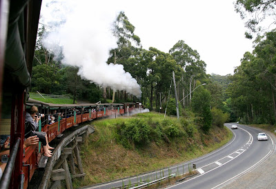 Puffing Billy heads over the bridge after departing from Belgrave, Victoria.