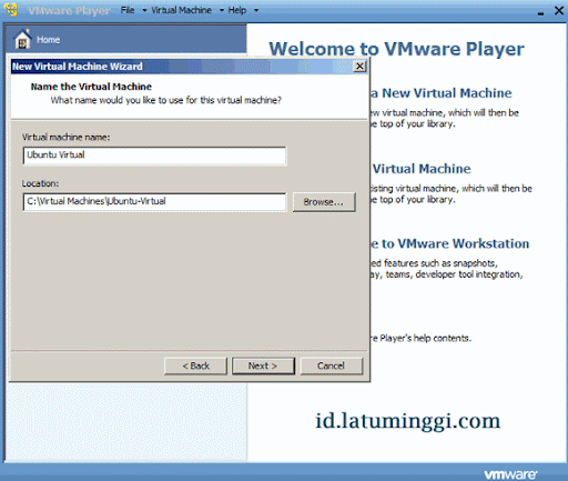 Menetapkan nama Ubuntu virtual machine dan lokasinya di komputer