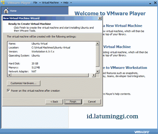 Summary untuk lanjut ke tahap instalasi Ubuntu setelah membuat virtual machine pada VMware