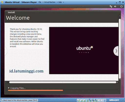 Tahap instalasi Ubuntu pada virtual machine dimulai pada VMware