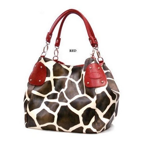Red Large Vicky Giraffe Print Faux Leather Satchel Bag Handbag Purse